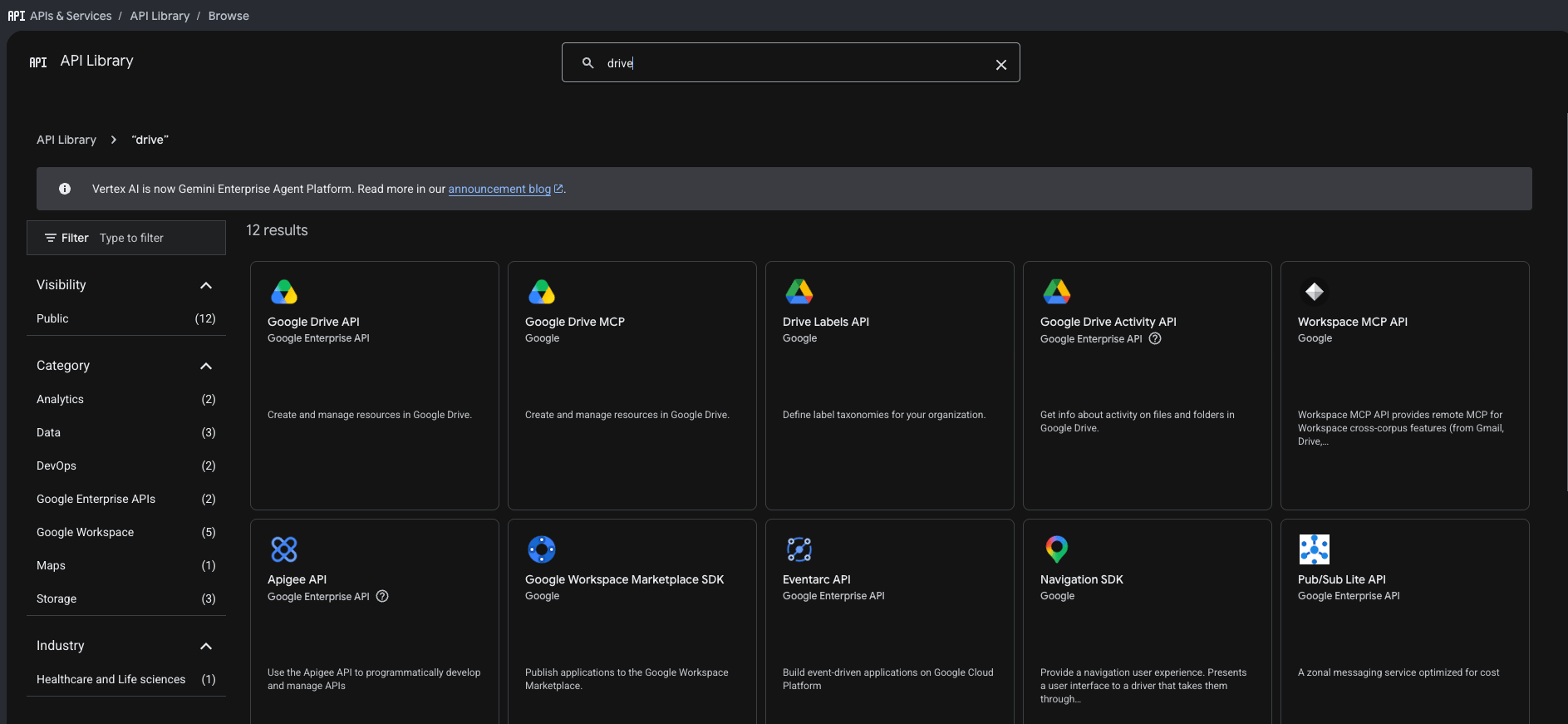 Google Cloud API Library search results