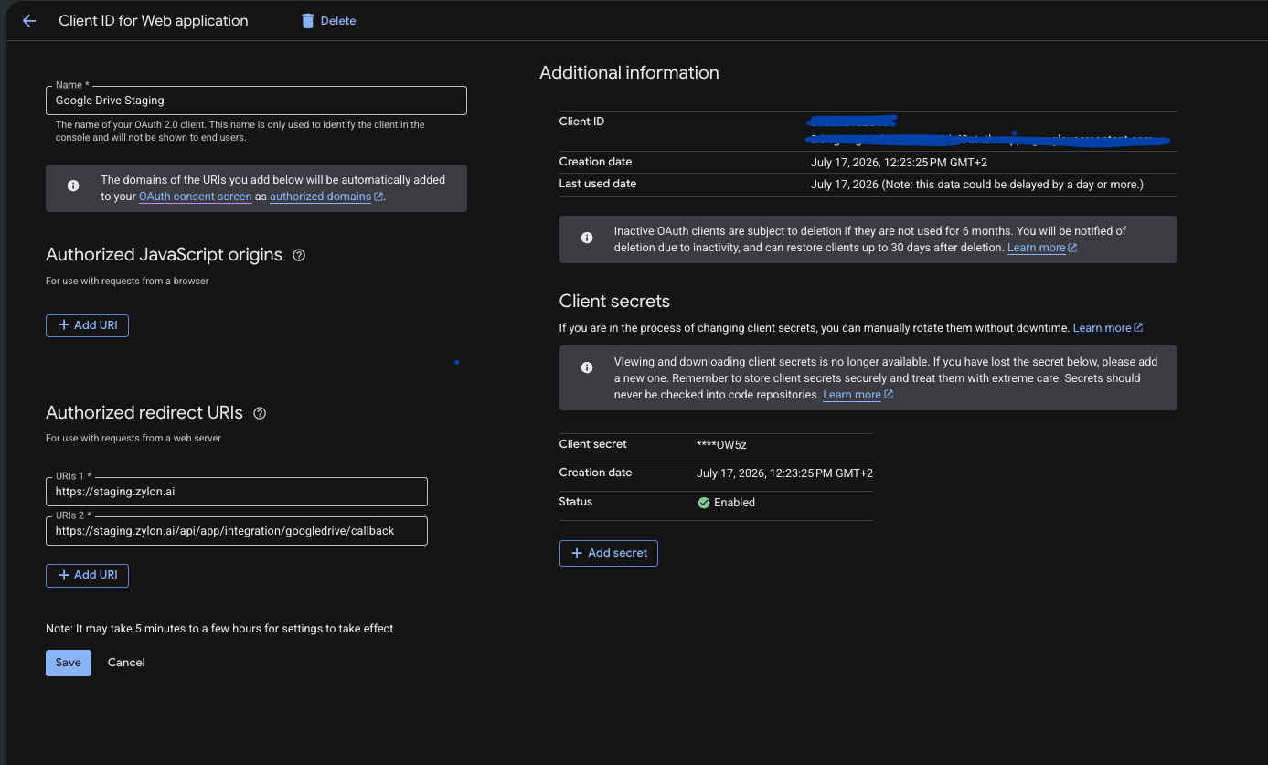 Google OAuth client configuration