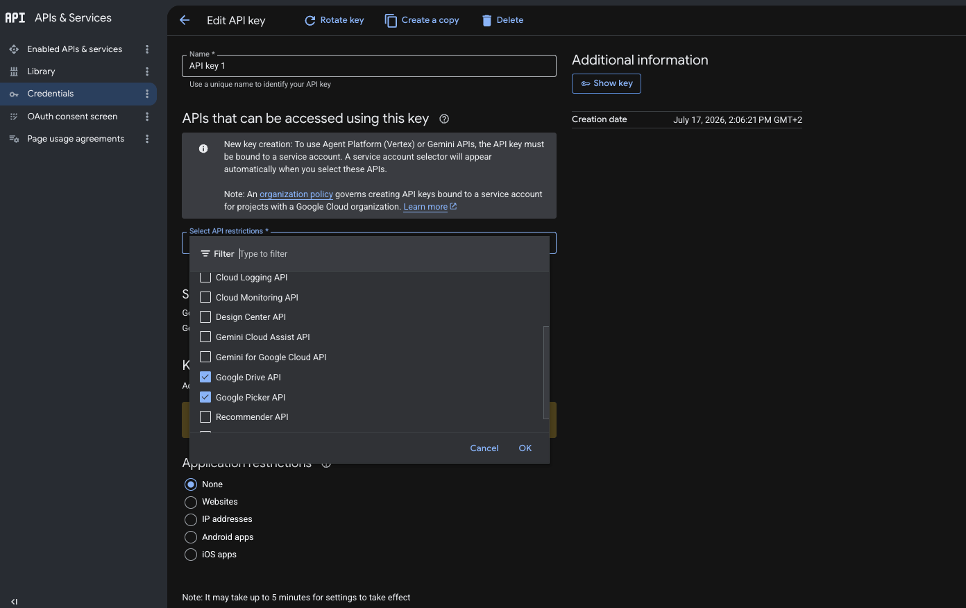 API key restricted to Google Drive API and Google Picker API