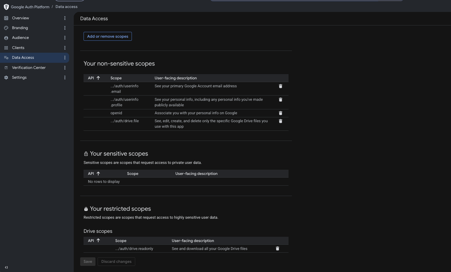 Scopes de Data Access en Google Auth platform