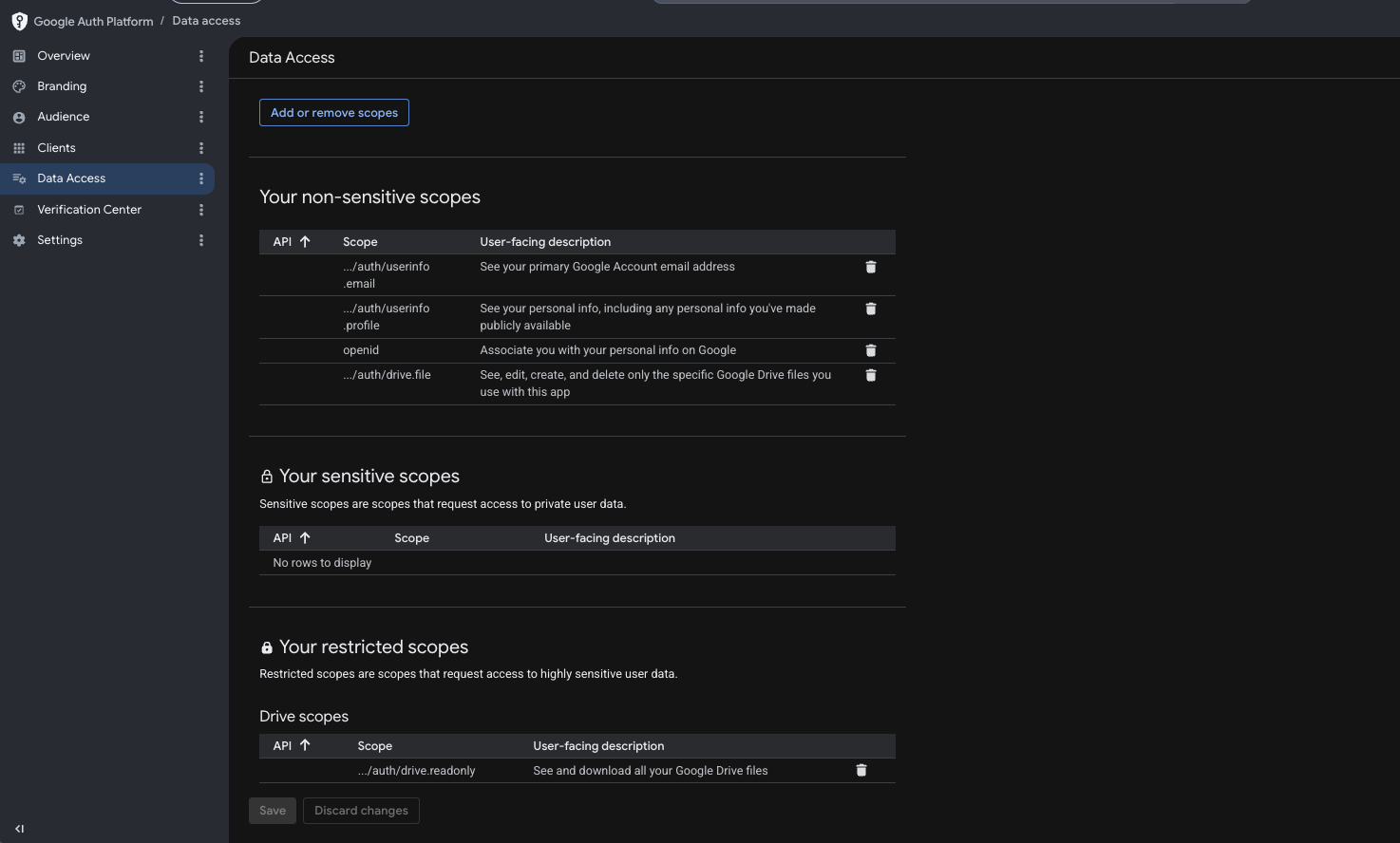 Google Auth platform Data Access scopes
