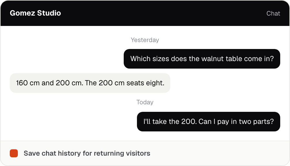 Chat widget showing messages from yesterday and today, with the Save chat history for returning visitors setting ticked