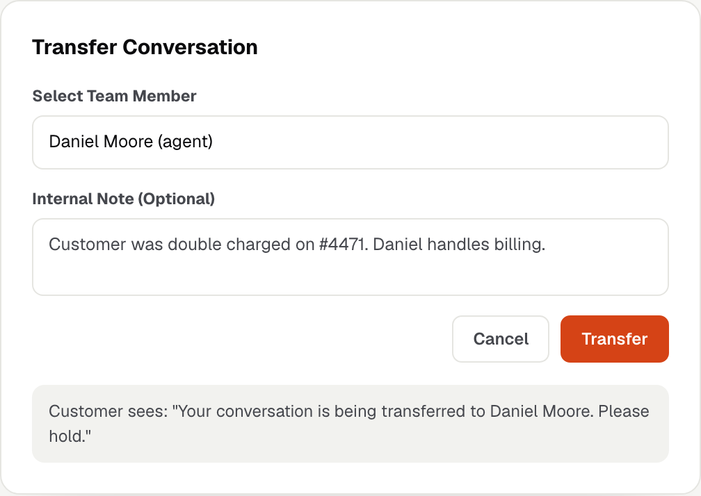 Transfer Conversation dialog with Select Team Member, Internal Note (Optional) and Transfer button
