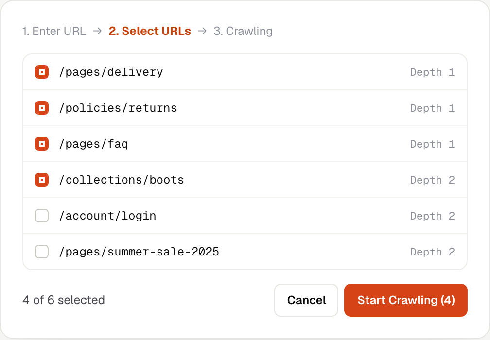 List of website pages with checkboxes, some selected, and a button to start training