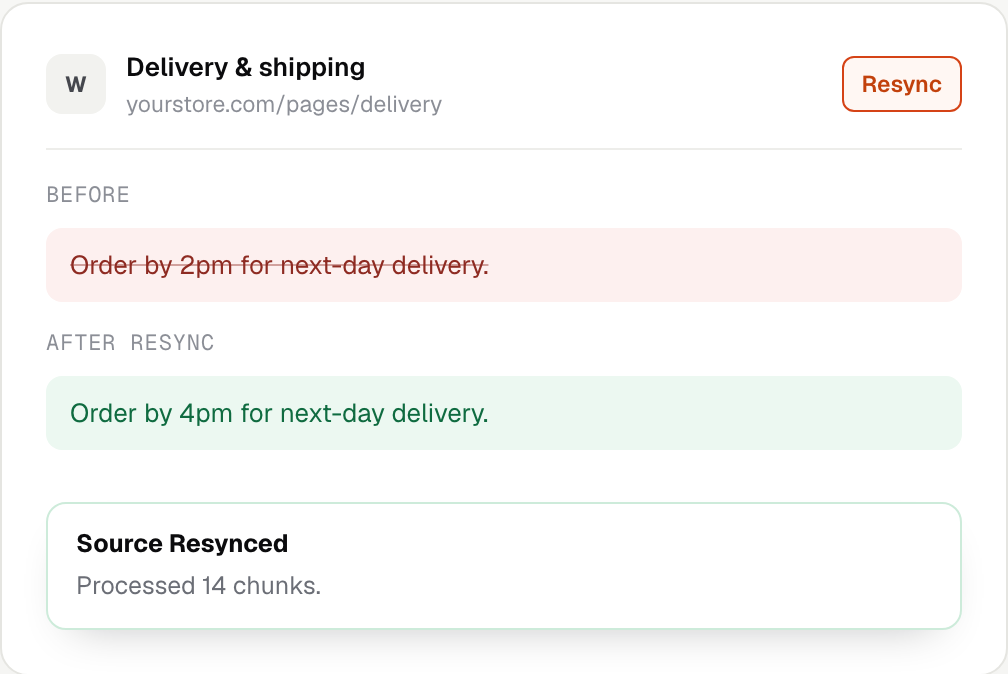 A website source before and after a retrain, with the old delivery cut-off replaced by the new one