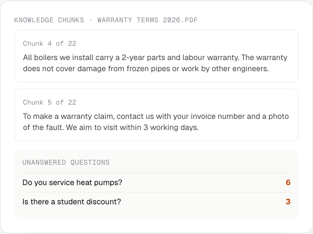Knowledge Chunks for a PDF showing two chunks of warranty text