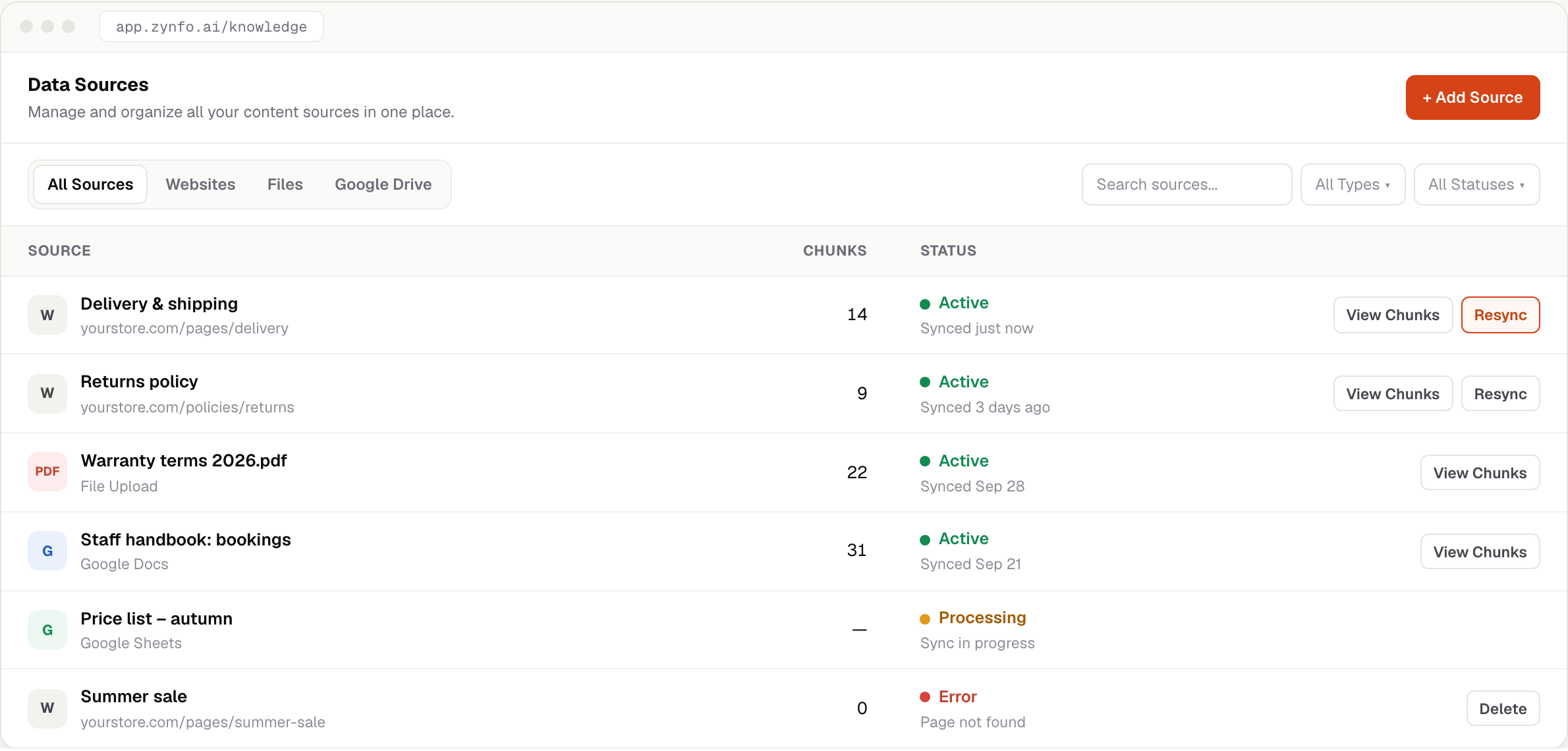 Data sources page with type tabs, search and filters, and a list of sources with their status and actions