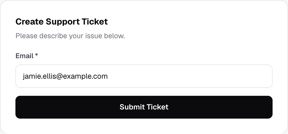 In-chat Create Support Ticket form with an Email field and Submit Ticket button