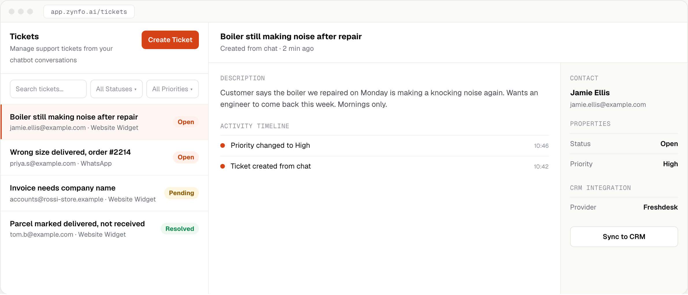 Tickets page with a ticket created from chat and a CRM Integration panel showing Provider Freshdesk and a Sync to CRM button