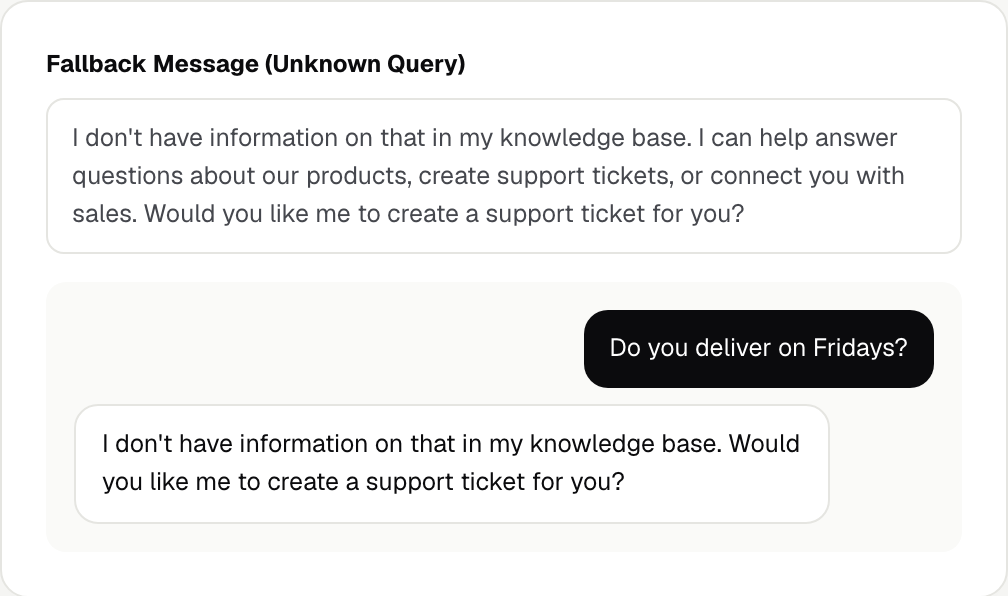 Fallback Message (Unknown Query) field and a chat where the agent replies with that message