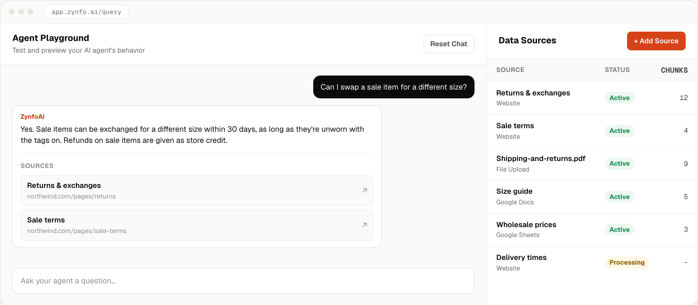 Agent Playground answering a question about exchanging sale items, with the Sources used and the Data Sources list beside it