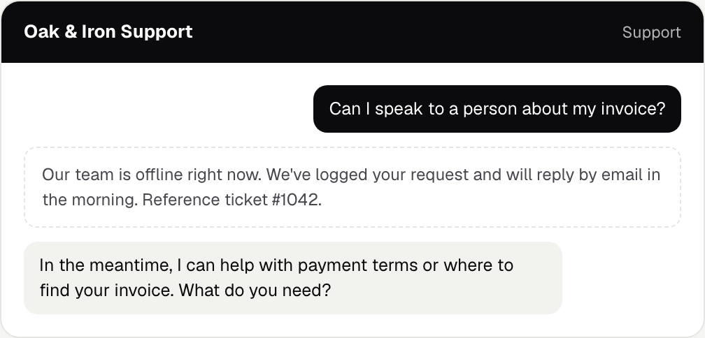 Chat widget where a customer asks for a person and sees an offline message with a reference ticket number