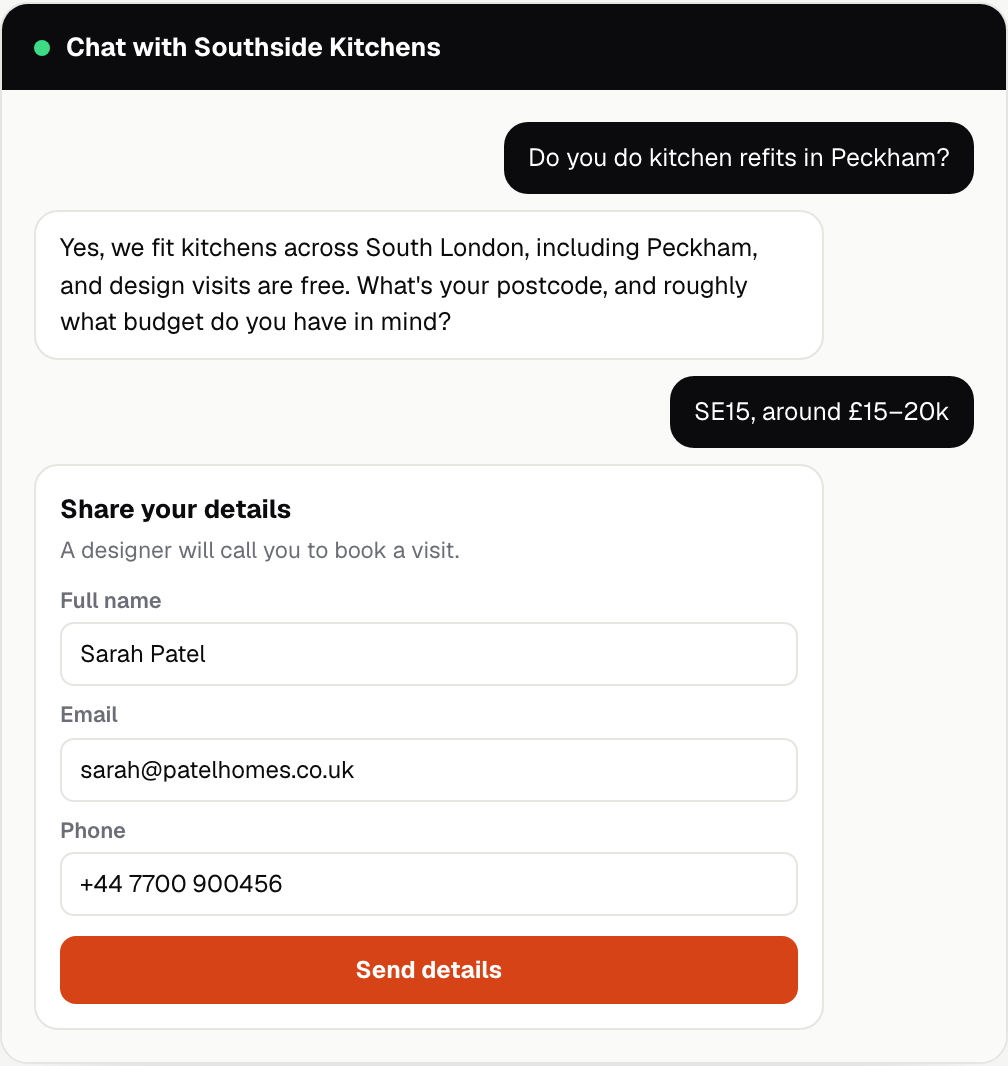 Chat widget conversation about a kitchen refit with a Share your details form for name, email and phone