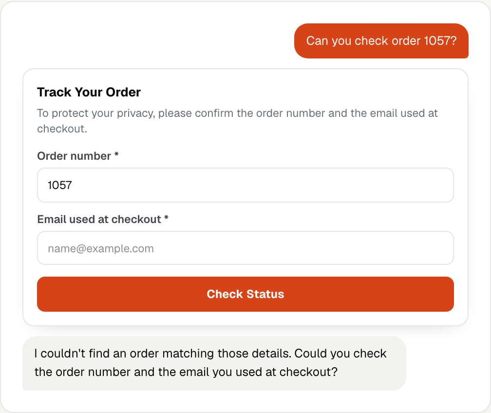 Chat with the Track Your Order form asking for the order number and the email used at checkout