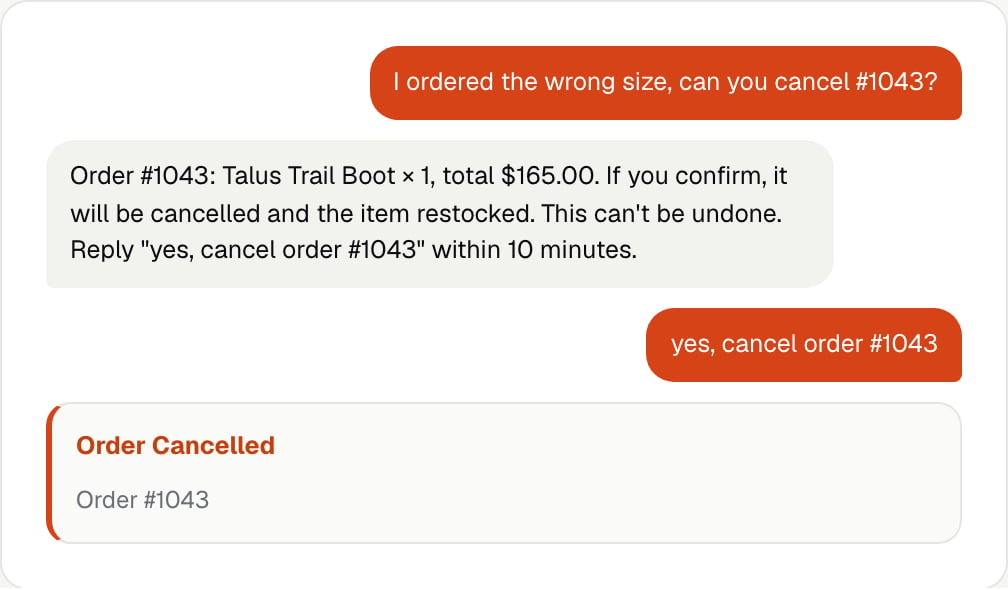Chat where a shopper asks to cancel an order, the agent asks for confirmation, and an Order Cancelled card appears