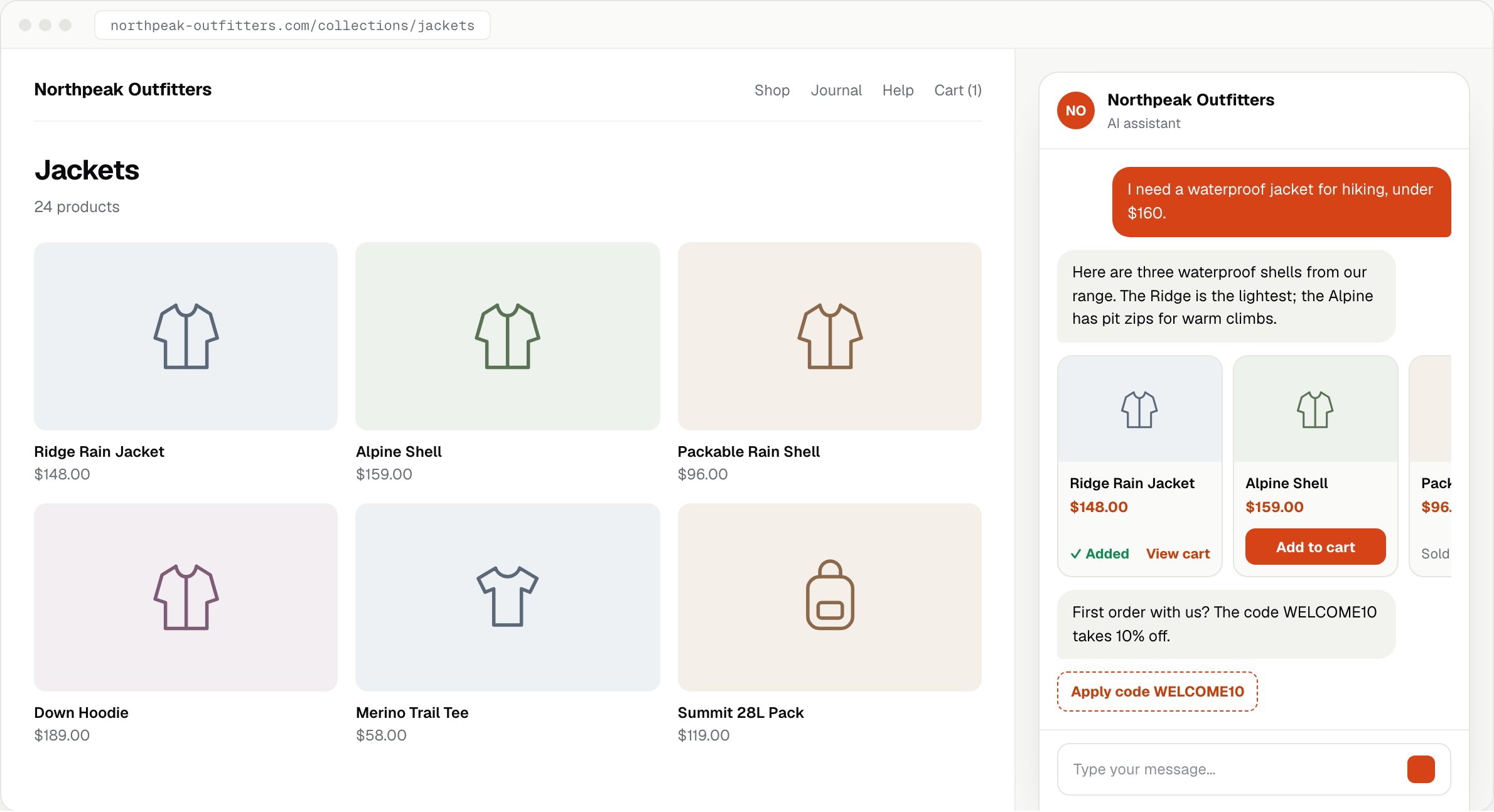 Shopify storefront with the ZynfoAI chat showing product cards with Added, Add to cart and Sold out, and an Apply code button