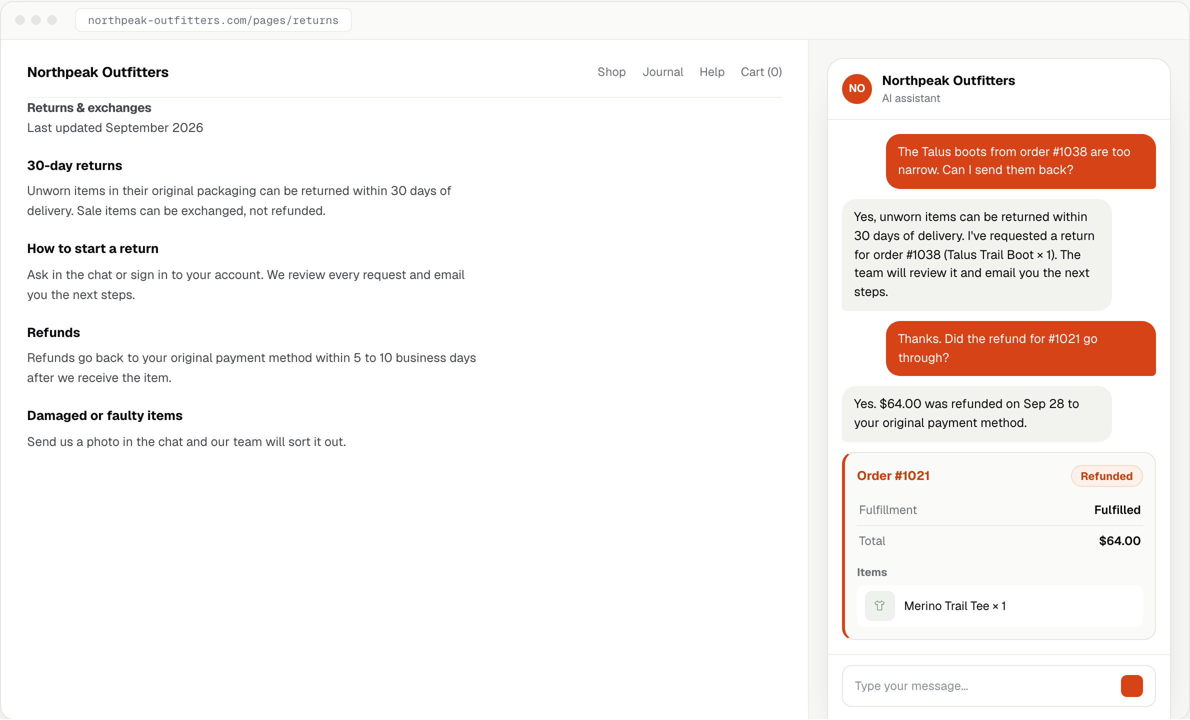 Storefront returns page next to the ZynfoAI chat, where the agent requests a return for an order and shows an order card marked Refunded