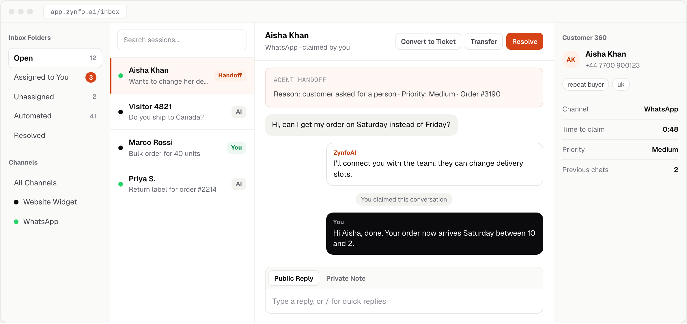 ZynfoAI Inbox with folders and channels, a conversation list, an open WhatsApp chat with its actions, the reply box, and the Customer 360 panel