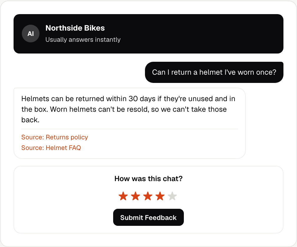 ZynfoAI chat widget answering a returns question, with Source links under the answer and a star rating prompt