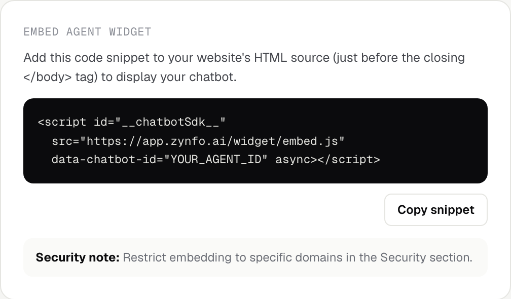 Embed Agent Widget dialog showing the script snippet, a Copy snippet button and a security note
