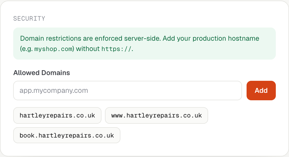 Security tab with an Allowed Domains field and a list of added domains