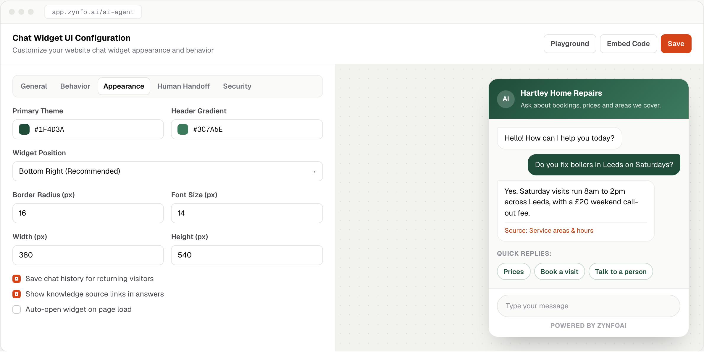 Chat Widget UI Configuration page on the Appearance tab with colour, position, radius, size and font fields and a live preview